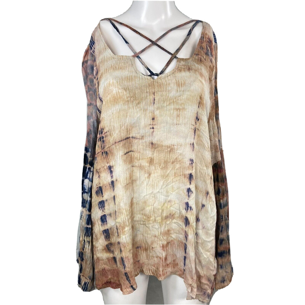 Entro Shirt Women Sz M Beige Blue Tie Dye Plisse Criss Cross Neck Bell Sleeve